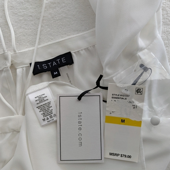 1. State Blouse High Neck Chiffon Sheer Blouson Sleeves Off Shoulder White M NWT - Picture 14 of 14